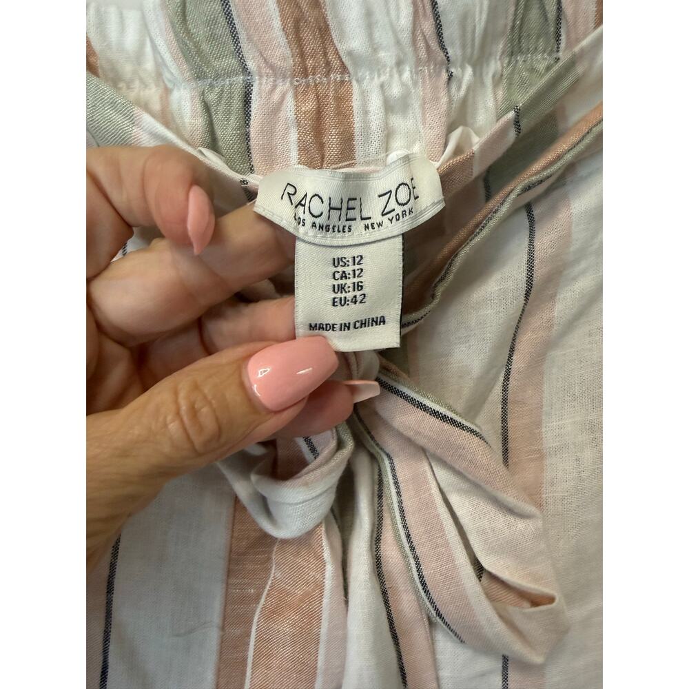Rachel Zoe Size 12 Striped Linen Blend Wide Leg Cropped Pants Tie Waist - Picture 4 of 5